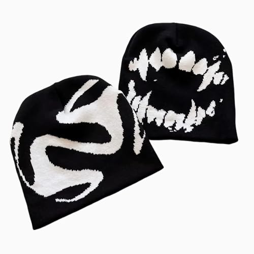 Winatehr Black Graphic Beanie for Men Women Streetwear y2k Knitted Hat Slouchy Goth Skull Cap (2 pcs)