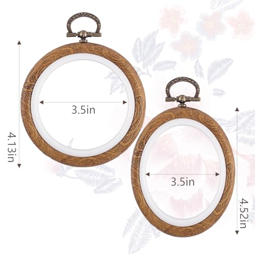 Image of Framendino, 6 Pack Round Oval Embroidery Hoops 4 Inch Imitated Wood Display Frame Circle Cross Stitch Hoop Ring for Art Craft Sewing Hanging Ornaments