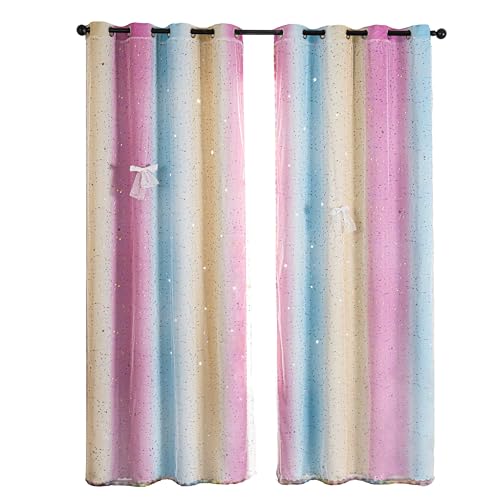 Image of Mix & Match Double Layer Laser-Cut Stars Gradient Blackout Curtains with Foil Print Sheer, 2 Panels Set for Bedroom, Nursery, Living Room - Yellow Purple Blue, 34W x 95L