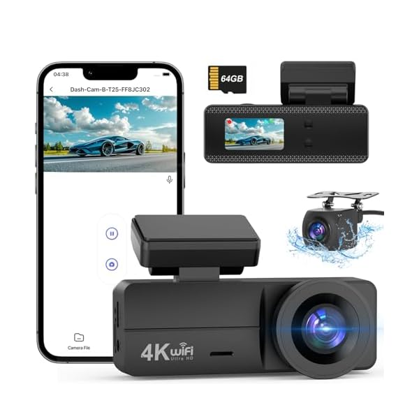 4K Dash Cam Front and Rear, WiFi Dash Cam with 64GB Card, 4K+1080P Dash Camera for Cars, WiFi Car Camera with App Control, 1.47″ Screen DashCam with 24H Parking Monitor,G-Sensor