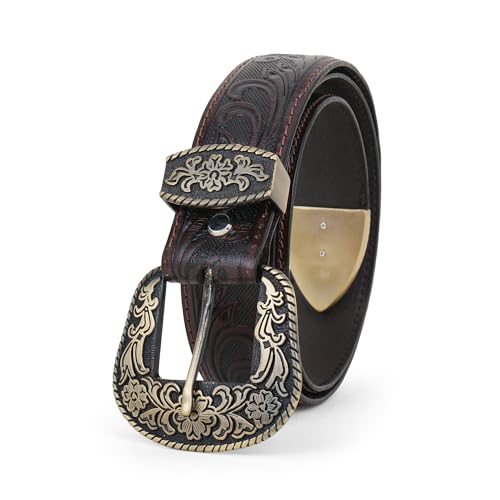 Image of Western Leather Belt for Men & Women, Floral Embossed Cowhide, Durable Rodeo Style for Jeans, Casual Wear & Country Outfits