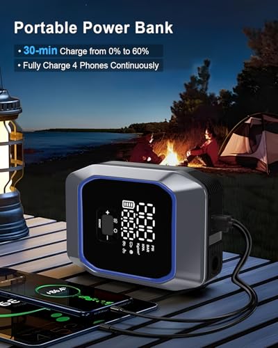Car Jump Starter with Air Compressor,Upgraded Portable Car Battery Charger 6000A Peak Current (for All Gas/10L Diesel Engine) 12V Jump Box Battery Pack with LED Lighting, Power Bank, Storage Bag