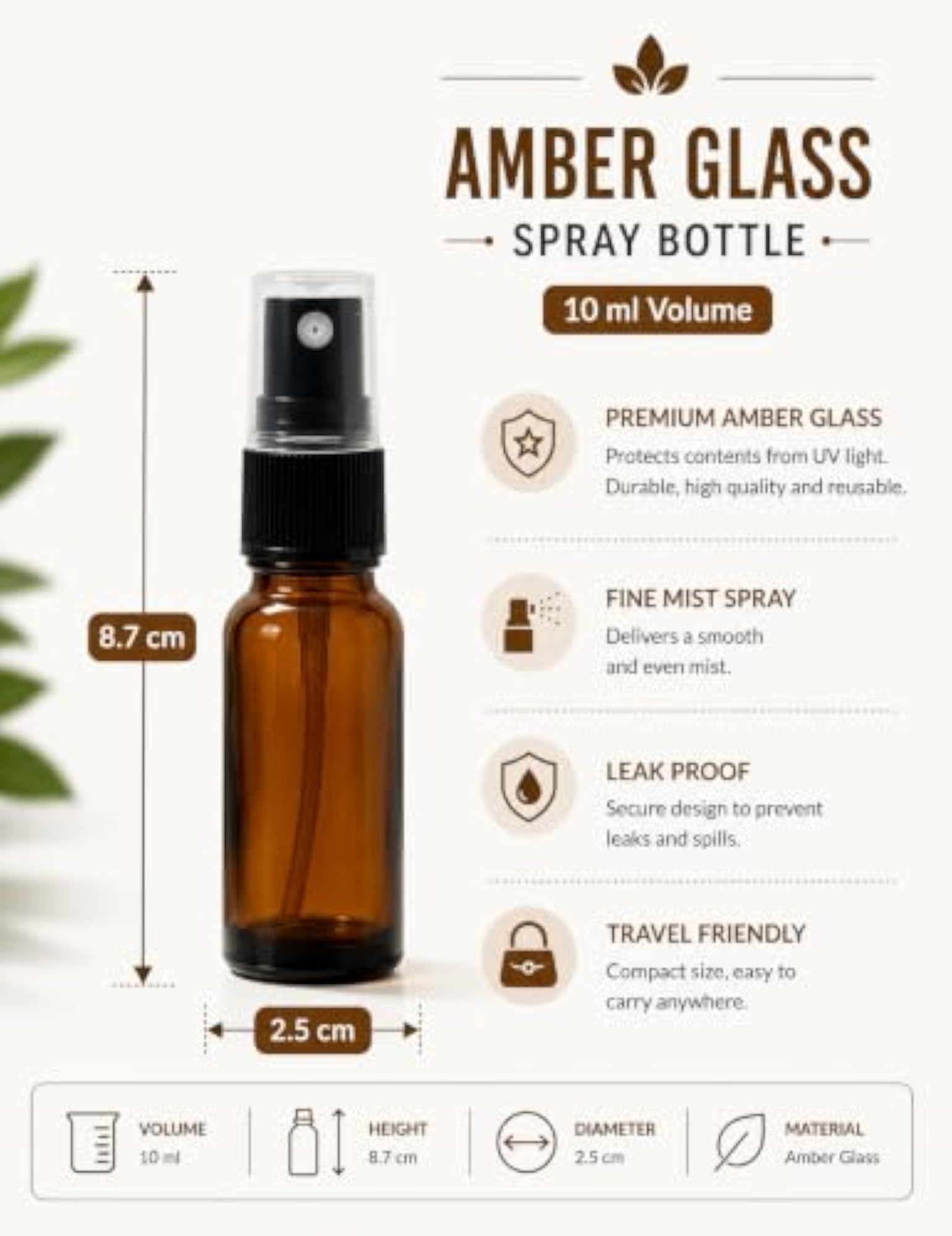 10ml Amber Glass Spray Bottles with Black Mist Trigger, Pack of 18