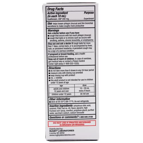 Rugby Mucus & Chest Congestion Guaifenesin 200 Mg Expectorant Cherry Flavored Cough Syrup - 4 Fl Oz #TOP1