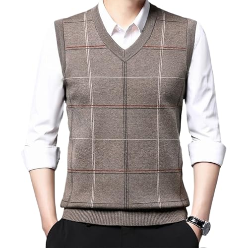Men'S Plaid V-Neck Knit Vest,Business Sleeveless Waistcoat,Middle-Age Casual Sweater