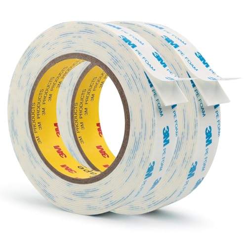 3M 1600T Double Sided Tape, 1 in x 18 ft White PE Foam Tape, 2 Pack