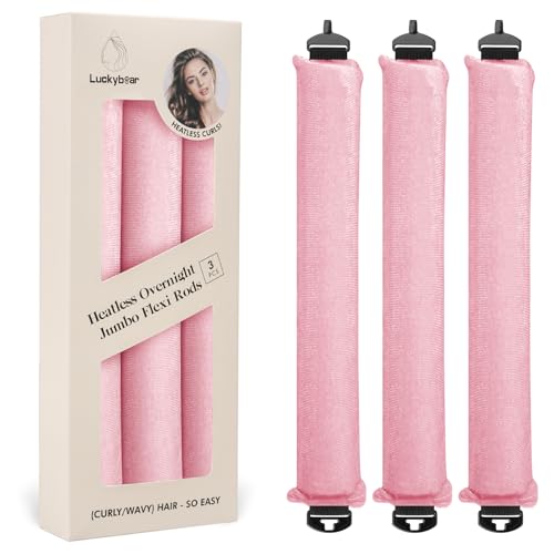 Image of Luckybear Jumbo Heatless Hair Curler, 3pcs Pink Satin Flexi Rods - Heatless Curls, Soft Velvet Overnight Sleeping Curls Styling Tools for All Hair Types