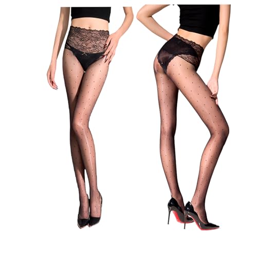 Haza&Zebe Sheer Black Sexy Lace Waistband Women's Tights Breathable Stockings Pantyhose With Polka Dot Design