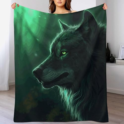Couverture de lit décorative loup vert pour soirées cocooning et lit