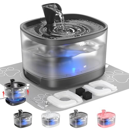 Veken Cat Water Fountain with Detachable Tank, Easy to Clean & Assemble, 84oz/2.5L Automatic Pet Drinking Dispenser with Quiet Operation & LED Light for Cats, Dogs and Small Pets, Black
