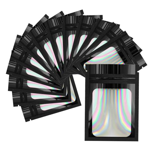 4CP 100 Pcs 3x4 Inch Holographic Mylar Bags with Clear Window,Black Zipper Packaging Bags for Food Storage, Odor Foil Pouch for Lipgloss & Jewelry Eyelash Packaging for Small Business