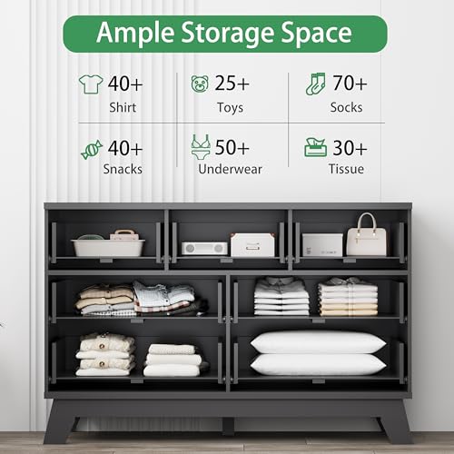 Image of Xixini Fluted Dresser for Bedroom with 7 Drawers, 48 inch Wide Chest of Drawers with Metal Handle, Modern Wood Dresser TV Stand, Wooden Closet Clothes Storage Organizer for Living Room, Hallway, Black