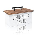 Dishwasher Pod Container, Farmhouse Dishwasher Pods Holder, Kitchen Tablet Organizer, Wood Dishwasher Tablet Dispenser Caddy, Rustic Powder Coated Box with Lid