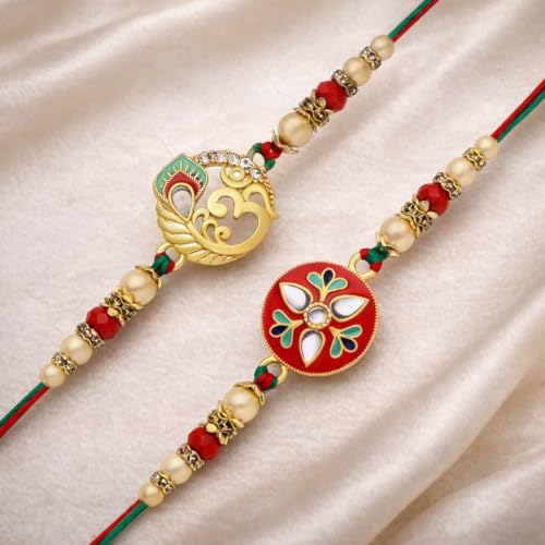 Image of Riddhika Ventures Glorious Gold Plated Auspicious Diamond Ring Rakhi || Traditional Rakhi Set of 2 & Festive Gift || Rakhi Gift Combo for Brother