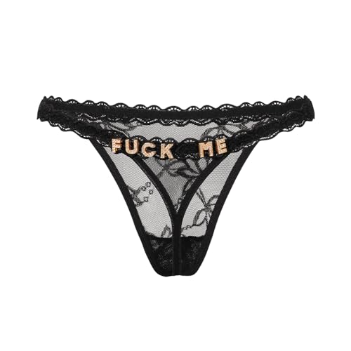 Damen Spitzen Tanga Slip mit Strass-Buchstaben Ketten Sexy Low Rise G-String Unterwäsche Buchstaben Lace Panty Festival Rave Bikini(DE/NL/SE/PL,...