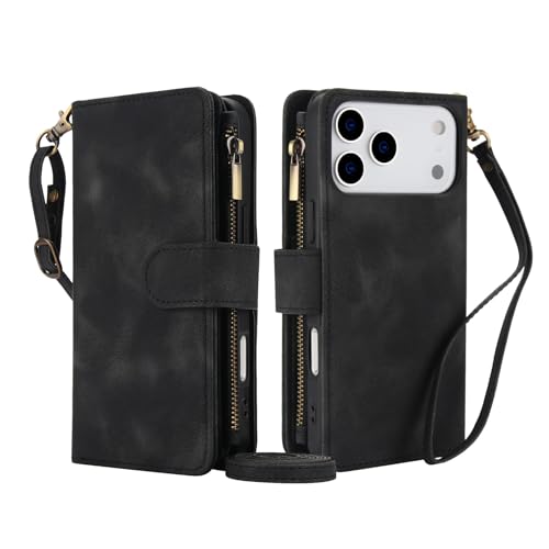 Étui iPhone 16 Pro anti-perte noir avec bandoulière et grand portefeuille à rabat