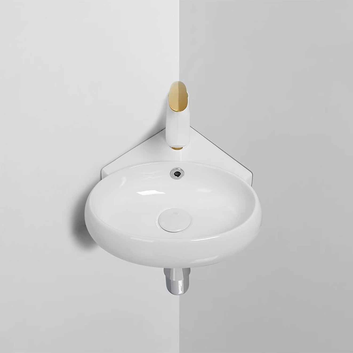 Ceramic Wall Mounted Sink with Drainer, Space-Saving Corner Vanity for Compact Bathrooms and Kitchens,No Faucet-Model A,Pull-Out Faucet