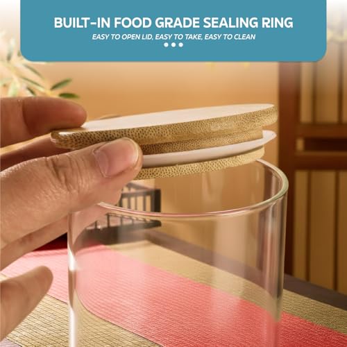 Image of amazon basics Set of 6 Large Borosilicate Glass Jars with Airtight Bamboo Lids | 1000ml Wide Mouth Kitchen Containers for Flour Rice Pulses | BPA-Free Food Grade Storage Canisters