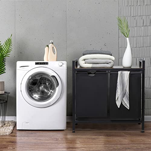 Dofasayi Laundry Basket, Double Laundry Hamper, Pull-Out And Removable Laundry Bags, Metal Frame, Oxford Fabric, Wooden Shelf, 2 X 50L, 29 X 13.8 X 29.13 Inches, Black #TOP3