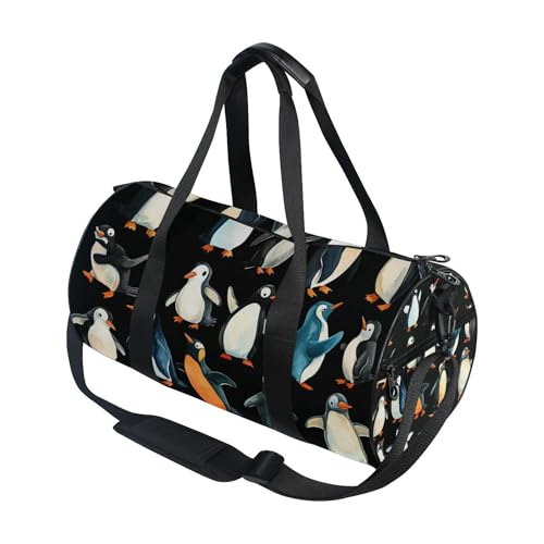 Cartoon Penguins Black Gym Duffle Bag Women Men Sports Fitness Bag for Travel Workout Gymnastics Dance Ballet