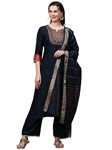 Image of INDO ERA Women's Cotton Blend; Organza & Rayon Kurta Palazzo With Dupatta Set