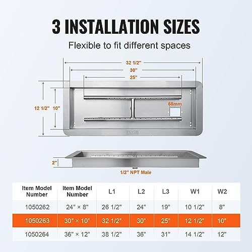 VEVOR Recessed Rectangular Fire Pit Kit 762 mm x 254 mm, Φ3 mm Rectangular Stainless Steel Burner Kit, Natural Gas Propane 125000 BTU Fire Pit with Backyard Garden Burner Park