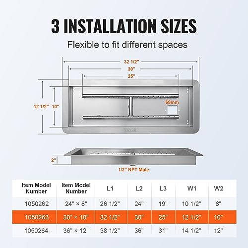 VEVOR Recessed Rectangular Fire Pit Kit 762 mm x 254 mm, Φ3 mm Rectangular Stainless Steel Burner Kit, Natural Gas Propane 125000 BTU Fire Pit with Backyard Garden Burner Park