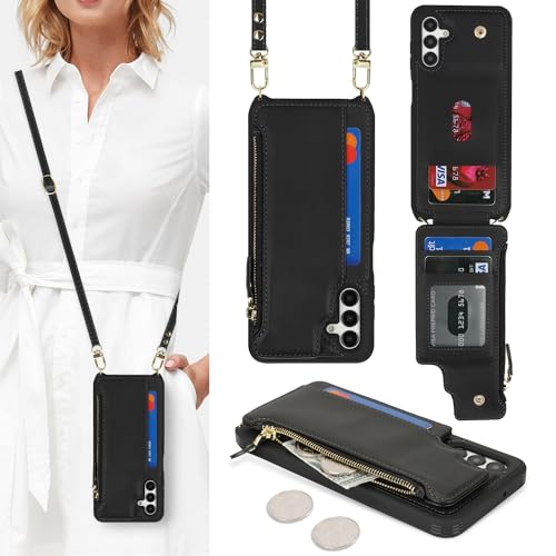 Cavor for Samsung Galaxy A15 5G Case Wallet for Women,for Samsung Galaxy A15 5g Crossbody Phone Case with Strap,Leather Zipper Pocket Card Holder Phone Cover-Black