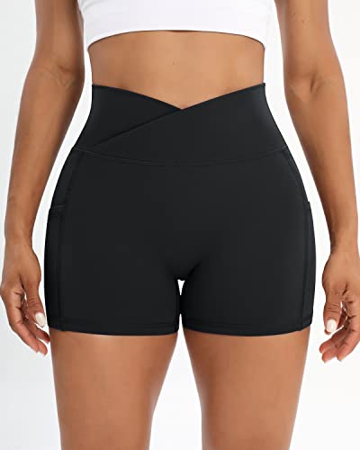 Workout Shorts for Women 2 Pcs Pack Cross Waist Active Gym Spandex Stretchy Yoga Compression with Side Pockets2