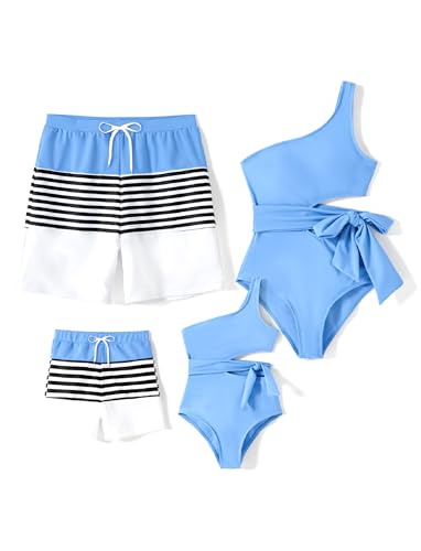PATPAT Family Matching Swimsuits Mommy and Me One Shoulder Cutout Colorblock Bathing Suits One Piece Swimwear Sets