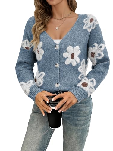 Women's Cardigans Casual Long Sleeve V-Neck Button Down Floral Sweaters Open Front Knit Outerwear
