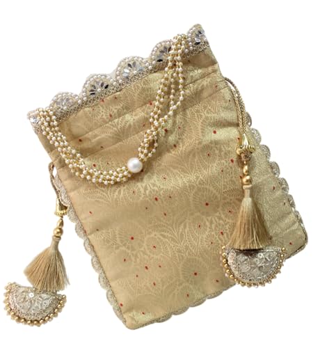 Image of MILAN'S CREATION Pure Banarasi Potli Silk Brocade Bag Purse Drawstring Women's handbag with Pearl Handle & Tassel Weddings