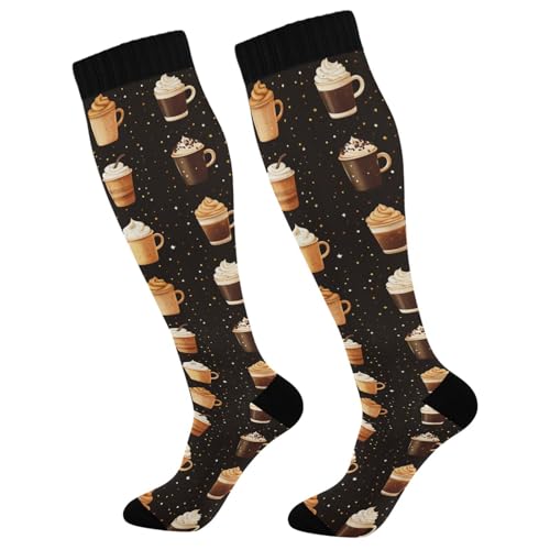 Pigsaly Coffee Paper Cups Women's Compression Socks Hot Drink Athletic Tube Sock Unisex Casual Knee High Socks Outdoor Sport Socks For Running Hiking Travel