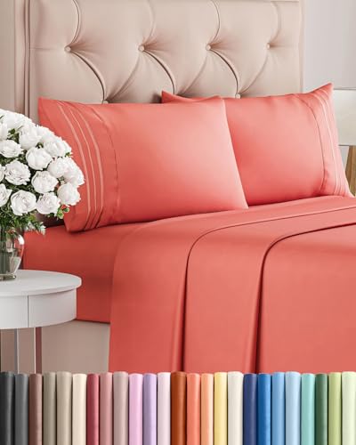 Queen Size 4 Piece Sheet Set - Comfy Breathable & Cooling Sheets - Hotel Luxury Bed Sheets for Women & Men - Deep Pockets Easy-Fit Extra Soft and Wrinkle Free Sheets - Coral Oeko-Tex Bed Sheet Set
