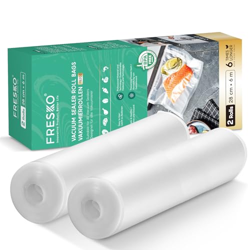 FRESKO Sacs sous vide 2 rouleaux 28 X 600 cm,sac sous vide alimentaire,taille personnalisée pour toutes les machines sous vide, sans BPA,rainures d'air en...