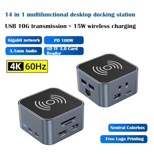Image of 12-in-1 Type C Dock with 4K HDMI, Mag /SFE Wireless 15W, 4xUSB Ports PD 100W, Mic, Ethernet & Audio Port, SD & MicroSD Slot, All Type C Devices, Windows /Ma /Book Laptops Tablets (12-in-1 Type C Dock)