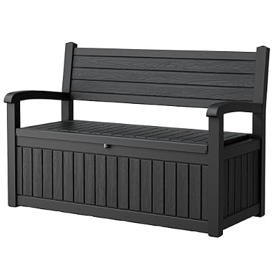 GULAIMOAO 80 Gallon Outdoor Storage Box,Resin Stripes Deck Box Doubles as 2-Person Bench Seat,Waterproof Storage Outdoor Porch Bench for Cushions,Garden Tools and Pool Supplies Black