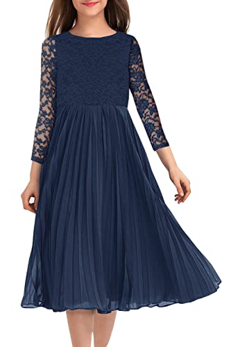Hosika Autumn Girls Kids Lace 3/4 Sleeve Floral A-Line Pleated Casual Party Midi Dress Navy Blue 6-12 Years #TOP2