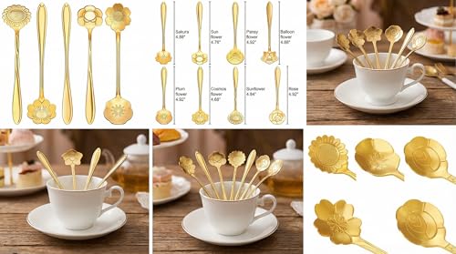 Image of 8Pcs Gold Flower Tea Spoon Set of 8 | Stainless Steel Coffee, Dessert & Ice Cream Spoons | Decorative Floral Cutlery for Home, Cafe, Dining Table & Gifting Use