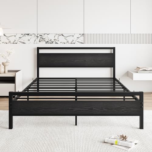 Image of BOFENG Black Queen Size Bed Frames with Wood Headboard,Heavy Duty Metal Platform Bed Frame with Storage No Box Spring Needed,Strong Steel Slats Support,Noise Free,Easy Assembly