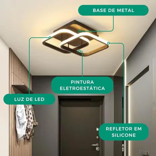 Luminaria Plafon Teto Pendente Quadrado Luz Led Sobrepor 22w Cor Preta com Luz Amarela 3000K