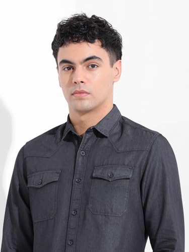 Image of The Indian Garage Co Men Slim Fit Solid Full Sleeves Cutaway Collar Double Flap Pocket Casual Denim Shirt