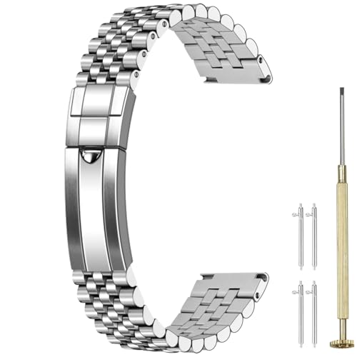 Image of Juntan Screw-in Stainless Steel Watch Band 20mm 21mm 22mm for Men Women, Curved End Straight End Metal Watch Strap with Oyster Buckle, Taperd Replacement Jubilee Bracelet Silver Gold