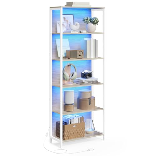 VASAGLE Bibliothèque LED à 6 Niveaux, Étagère à Lumière Réglable, Meuble de Rangement avec Cadre en Acier, 30,3 x 60 x 178,6 cm, pour Salon, Chambre,...