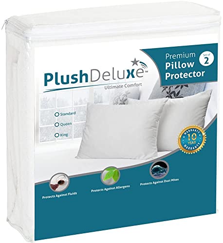 Premium Waterproof Pillow Protectors - Queen Size 20''x32'' Set of 2 - Zippered Pillow Cover Made with Soft Terry Cotton Fabric - Hypoallergenic and Dust Proof