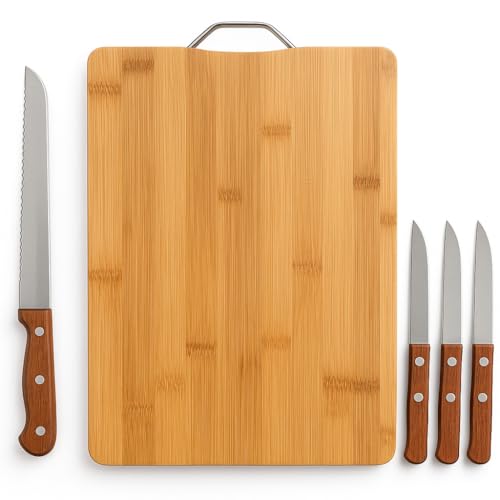 Set de Tabla de Cortar Madera Natural 36x26 cm + 4 cuchillos| Antibacteriana Resistente y ecologica | Ideal para cocina Pan, Carne, Verduras, Queso y Pescado | Utensilios de Cocina Duraderos.