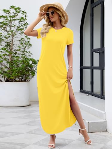 Image of Heymoments Womens Summer Maxi Dress Short Sleeve Casual Loose Long T Shirt Split Vacation Beach Sundress with Pockets