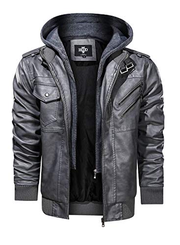 Image of HOOD CREW Men's Casual Stand Collar PU Faux Leather Zip-Up Motorcycle Bomber Jacket With a Removable Hood