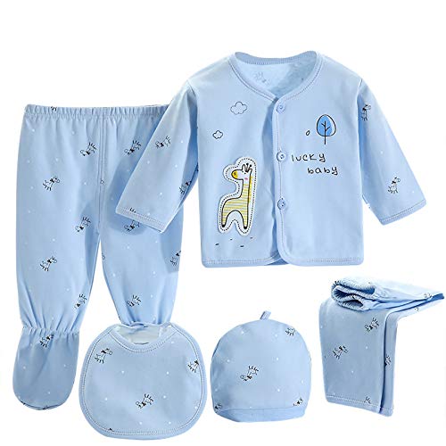 YOOJIA 5PCS Newborn Layette Set Infant Baby Boys Girls Cotton Outfit 0-3M Tops Hat Pants Suit Blue 0-3 Months