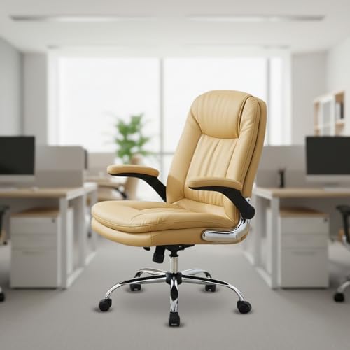 Image of Premium Leatherette Executive Office Chair with Chrome Base & Padded Armrests | Adjustable Height Swivel Desk Chair for Office & Home (Khaki)